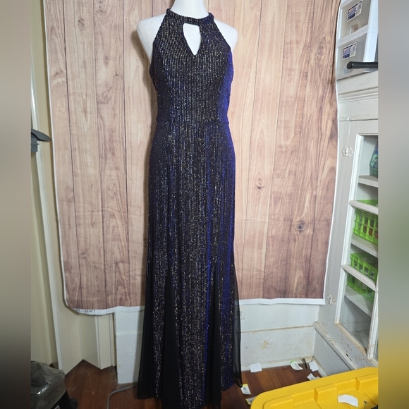 Nightway Black/BlueDress With Metallic Stripes Embellished Halter Maxi Gown 10 - Picture 2 of 12